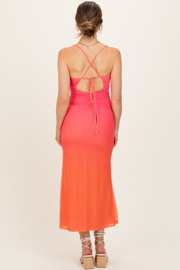 Ombre Coral Mesh Draped Neck Maternity Maxi Dress