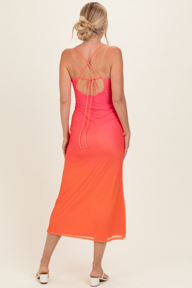 Ombre Coral Mesh Draped Neck Maxi Dress
