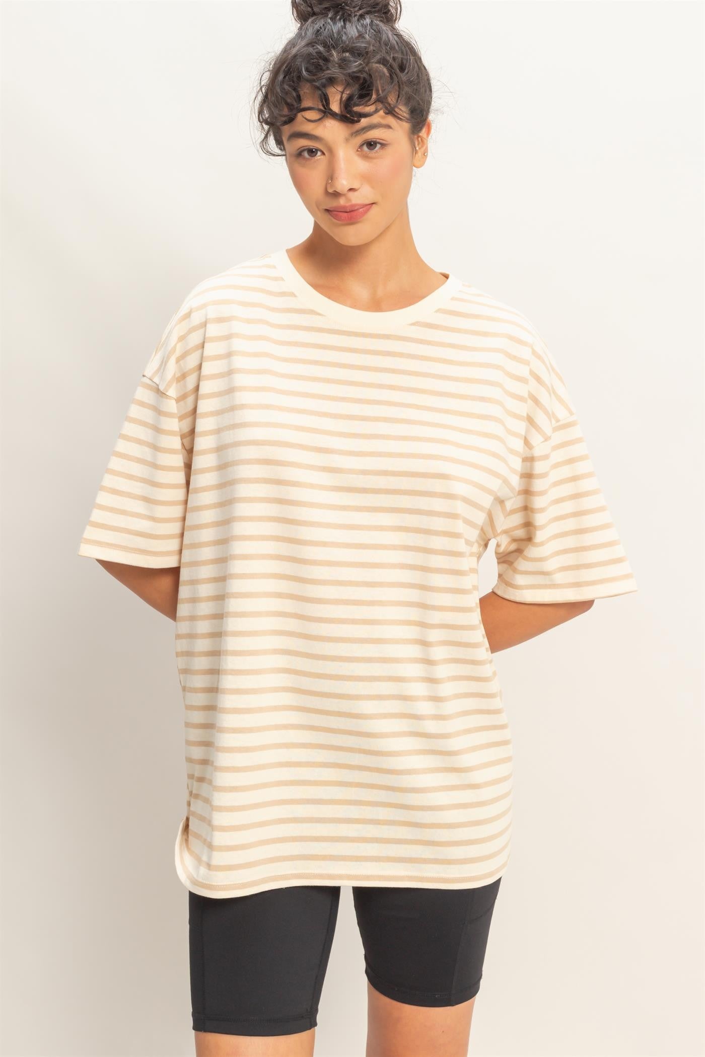 Taupe Striped Short Sleeve Crew Neck Oversized Cotton Maternity Top