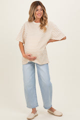 Taupe Striped Short Sleeve Crew Neck Oversized Cotton Maternity Top