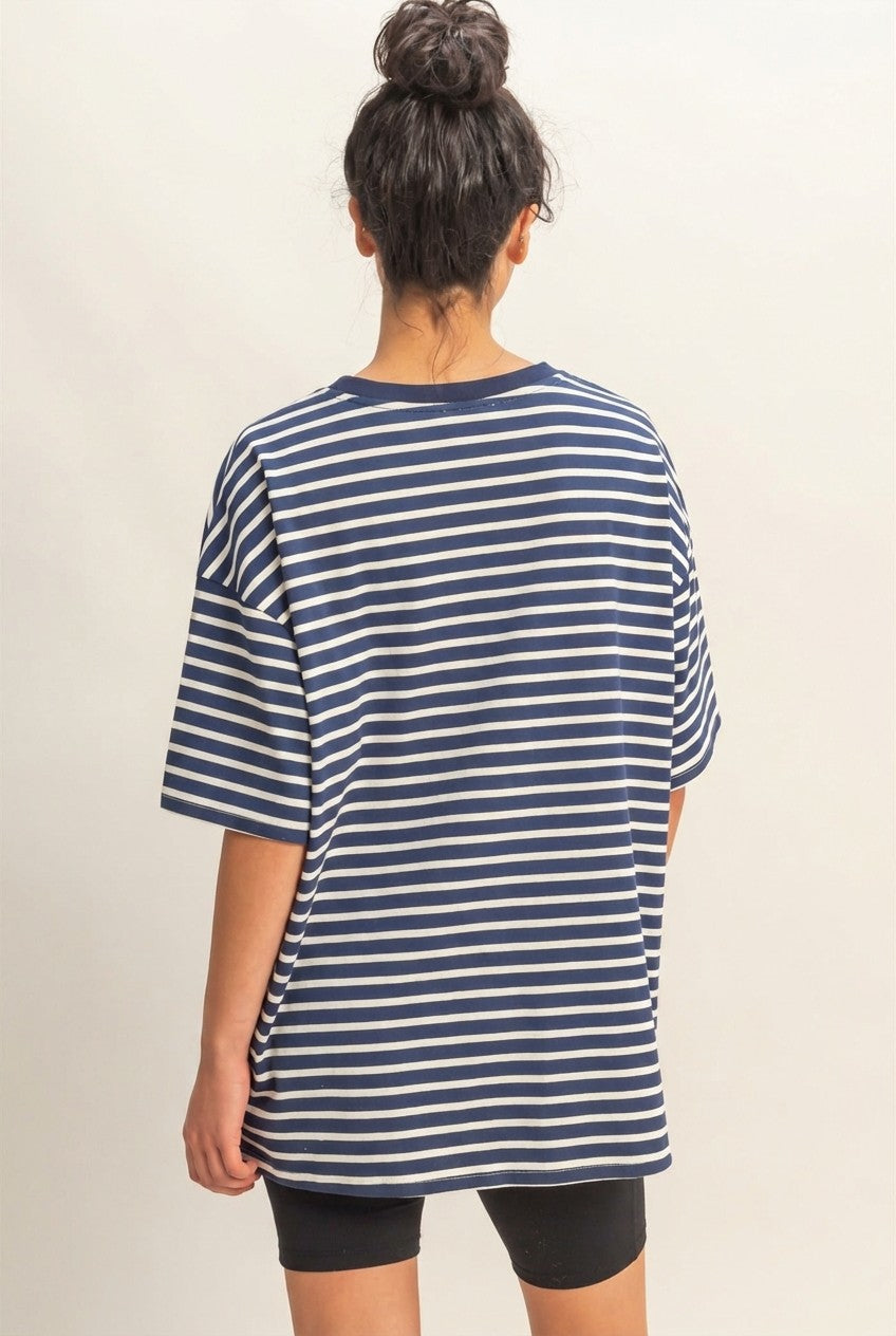 Navy Striped Short Sleeve Crew Neck Oversized Cotton Top