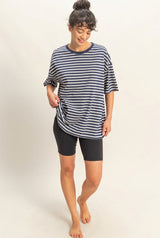 Navy Striped Short Sleeve Crew Neck Oversized Cotton Top