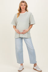 Sage Striped Short Sleeve Crew Neck Oversized Cotton Maternity Top