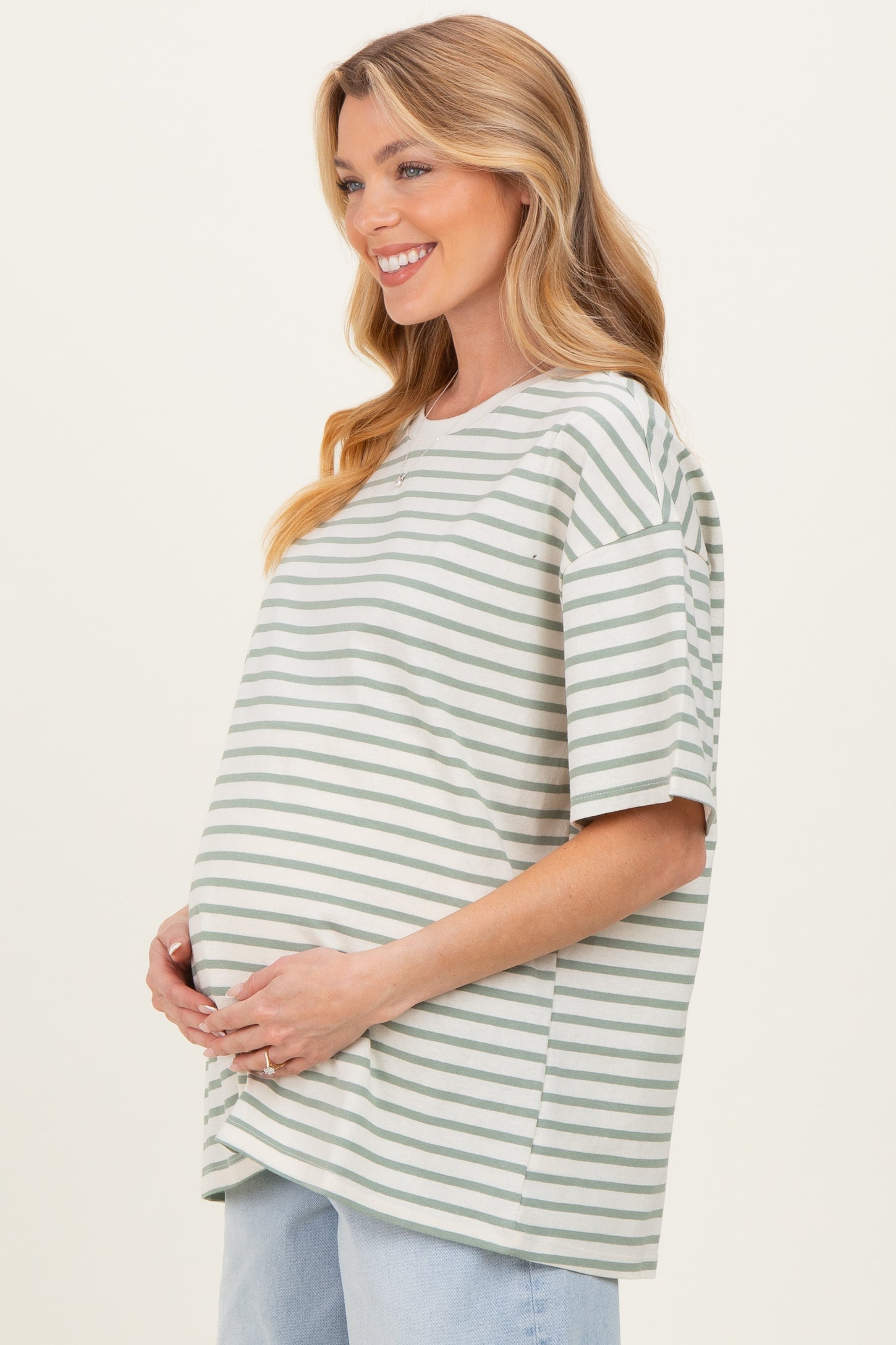 Sage Striped Short Sleeve Crew Neck Oversized Cotton Maternity Top