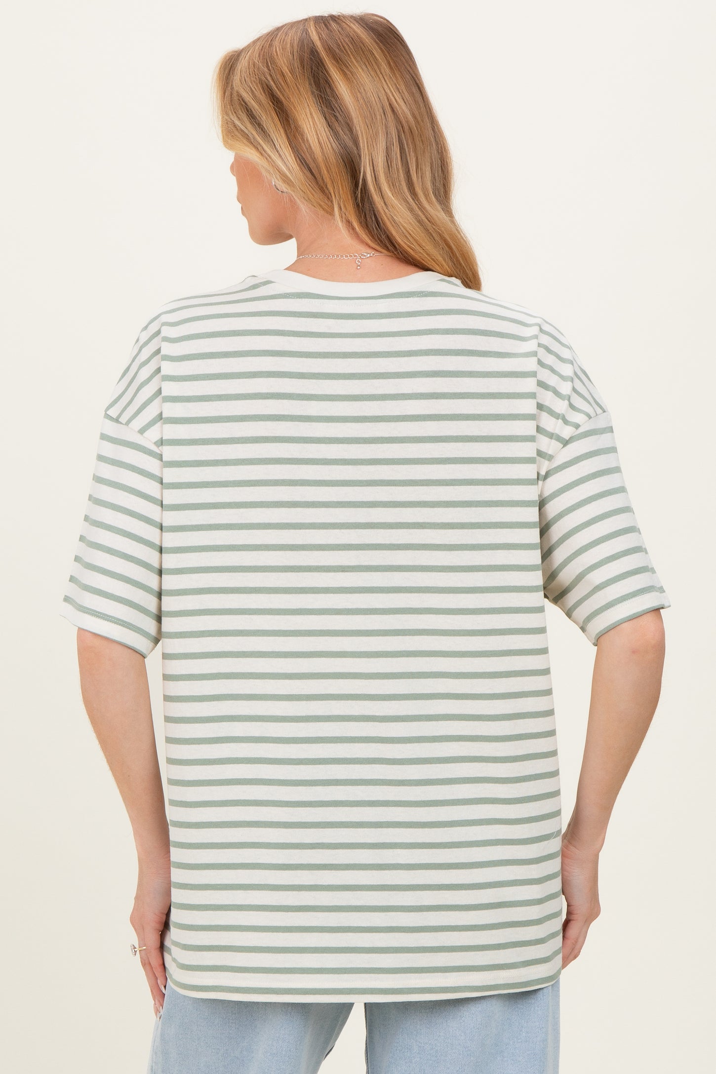 Sage Striped Short Sleeve Crew Neck Oversized Cotton Maternity Top