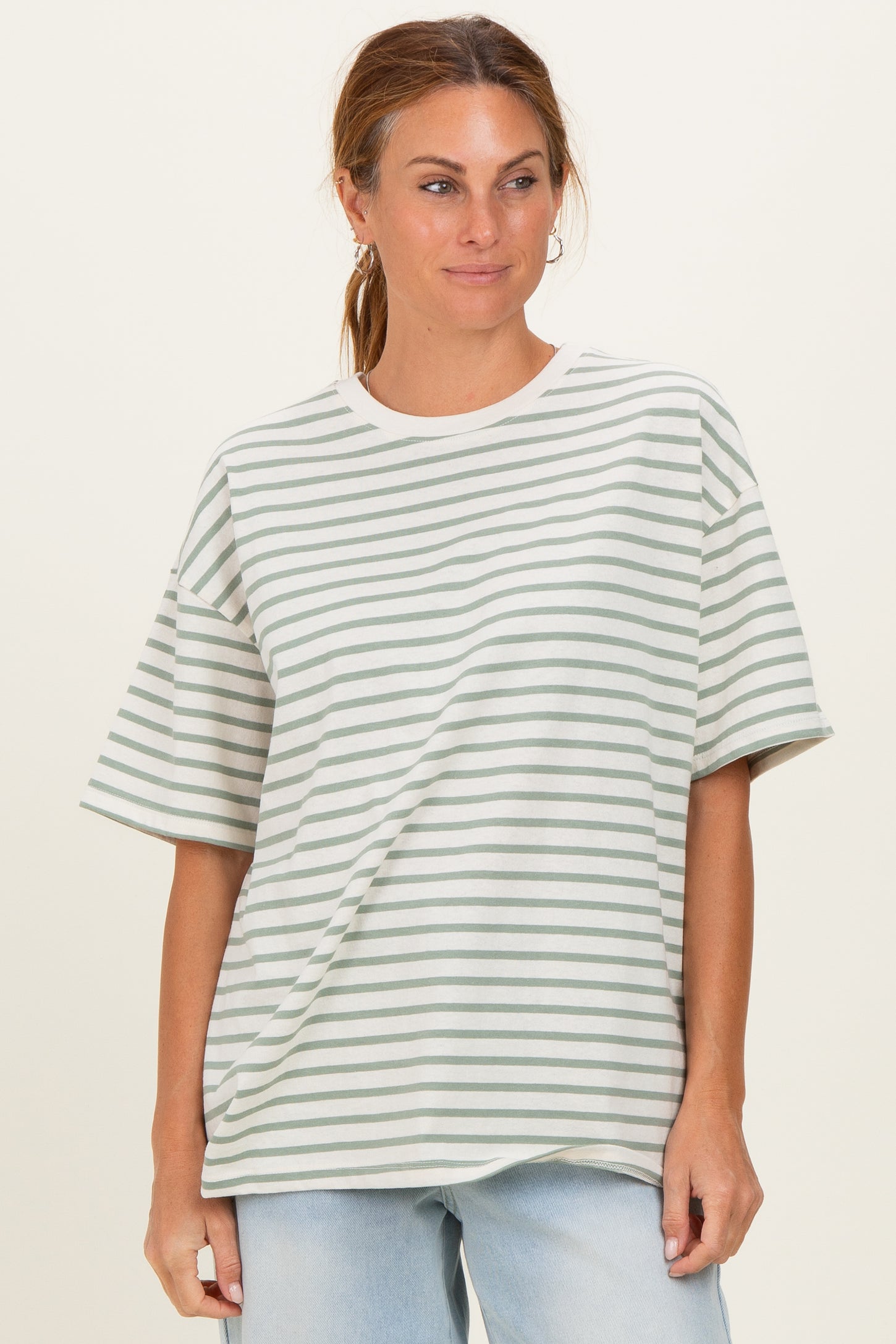 Sage Striped Short Sleeve Crew Neck Oversized Cotton Maternity Top
