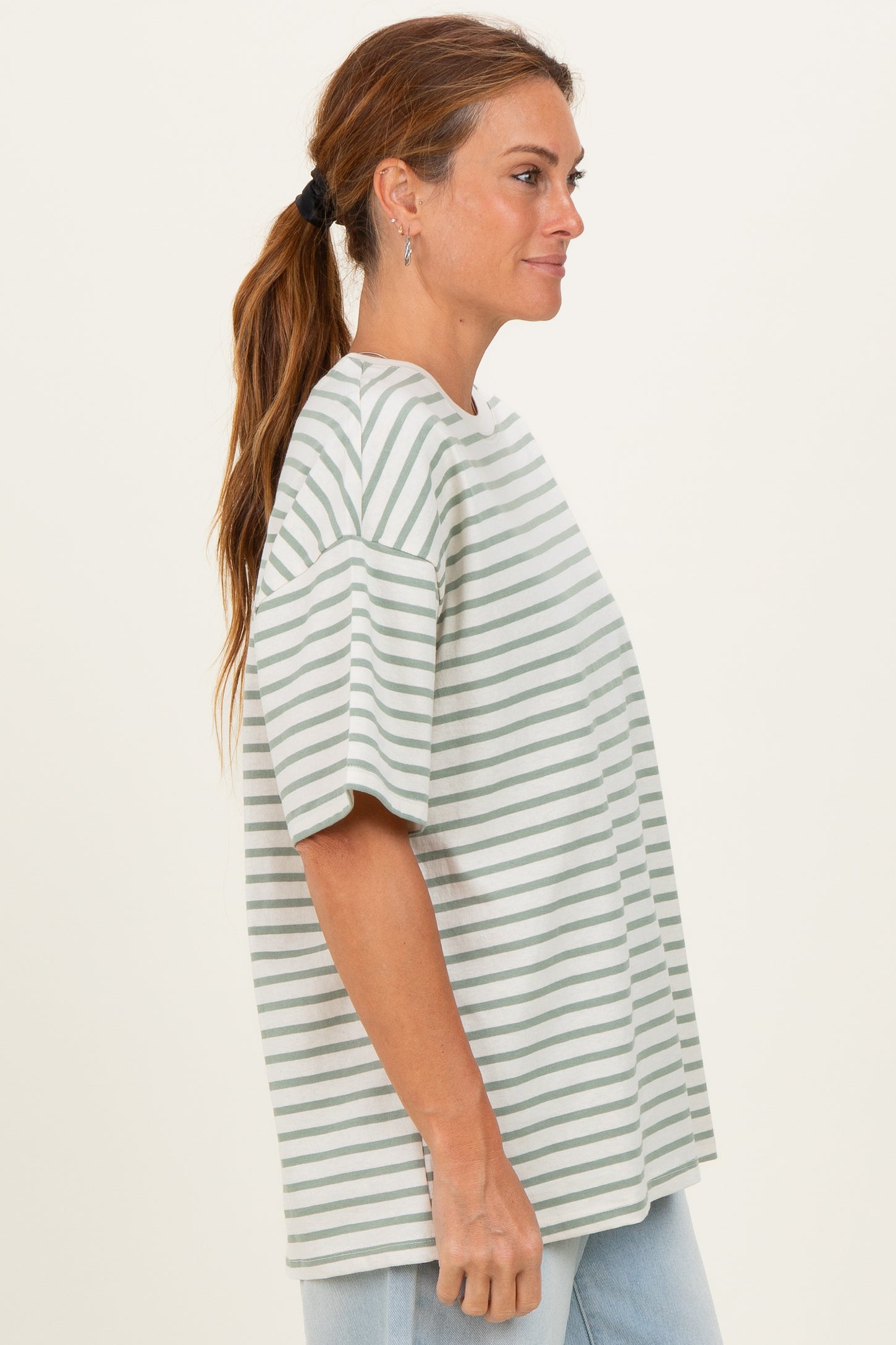 Sage Striped Short Sleeve Crew Neck Oversized Cotton Top