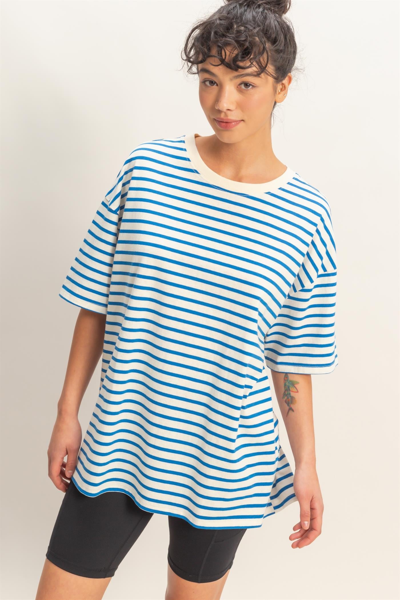 Blue Striped Short Sleeve Crew Neck Oversized Cotton Maternity Top
