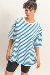 Blue Striped Short Sleeve Crew Neck Oversized Cotton Maternity Top