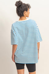 Blue Striped Short Sleeve Crew Neck Oversized Cotton Top