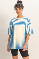 Blue Striped Short Sleeve Crew Neck Oversized Cotton Top