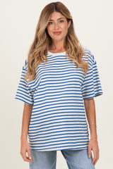 Blue Striped Short Sleeve Crew Neck Oversized Cotton Maternity Top