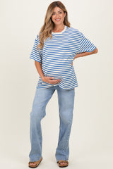 Blue Striped Short Sleeve Crew Neck Oversized Cotton Maternity Top