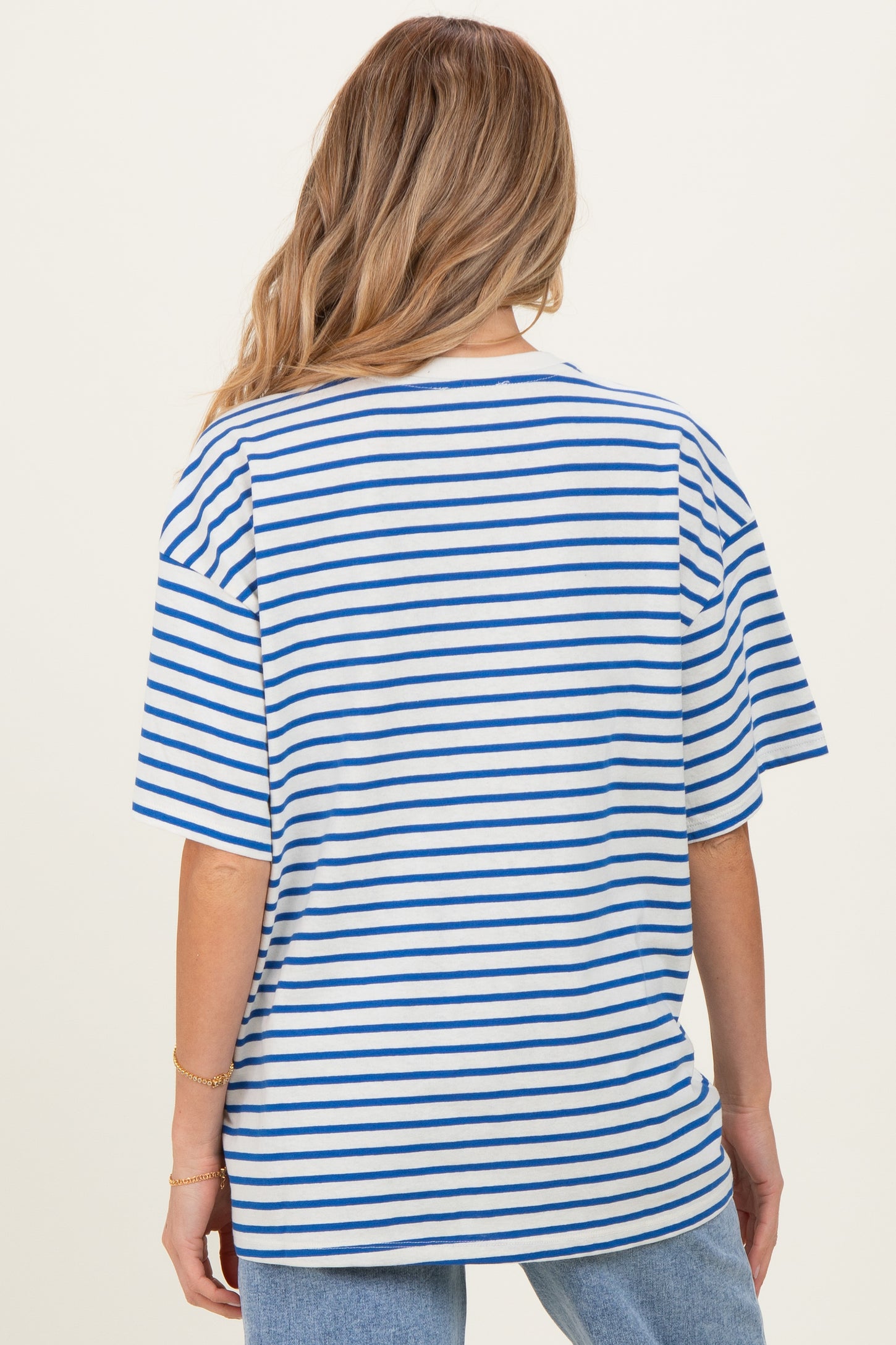 Blue Striped Short Sleeve Crew Neck Oversized Cotton Maternity Top