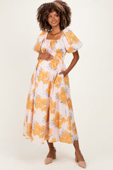 Peach Floral Print Square Neck Bubble  Sleeve Maternity Midi Dress
