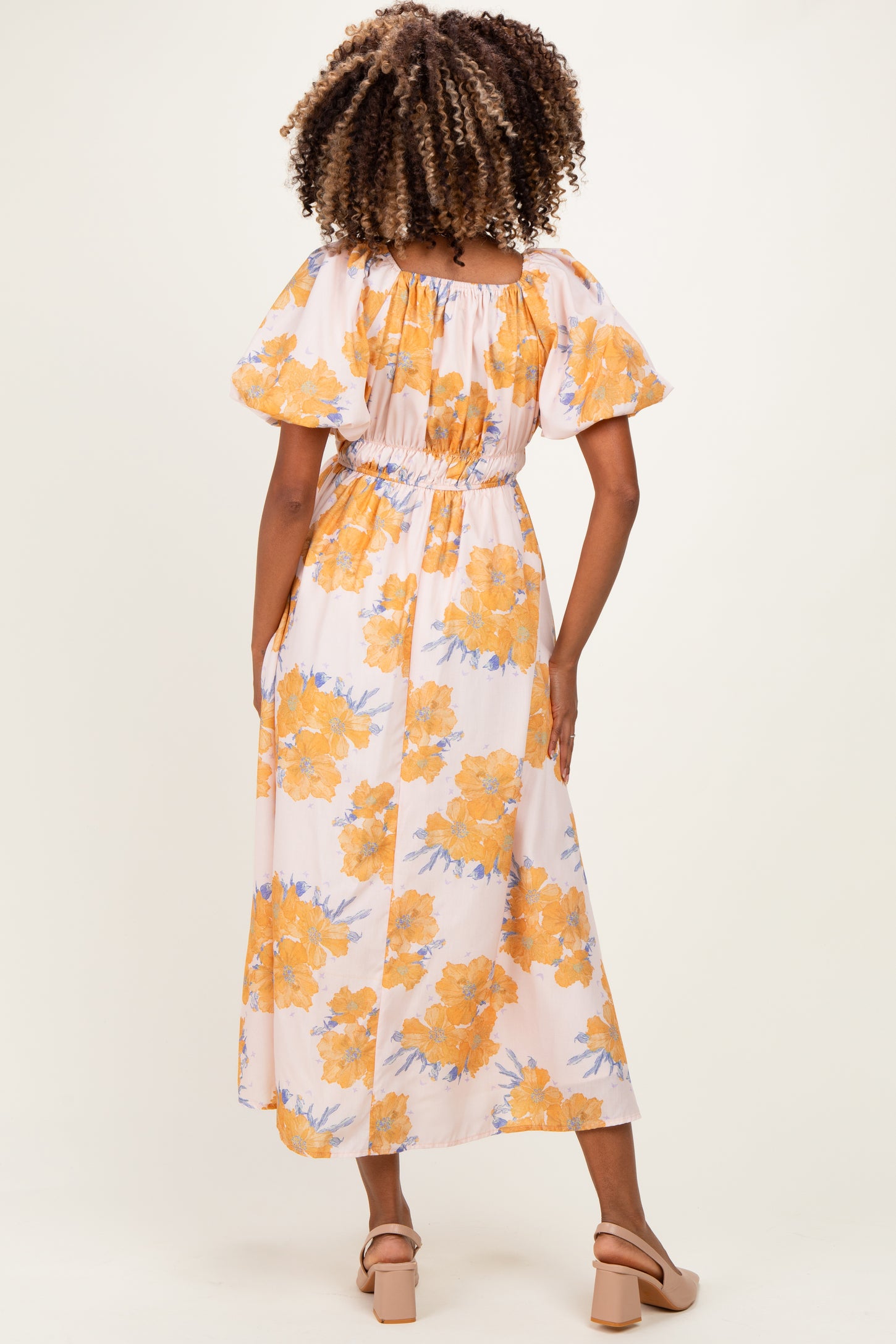 Peach Floral Print Square Neck Bubble  Sleeve Maternity Midi Dress