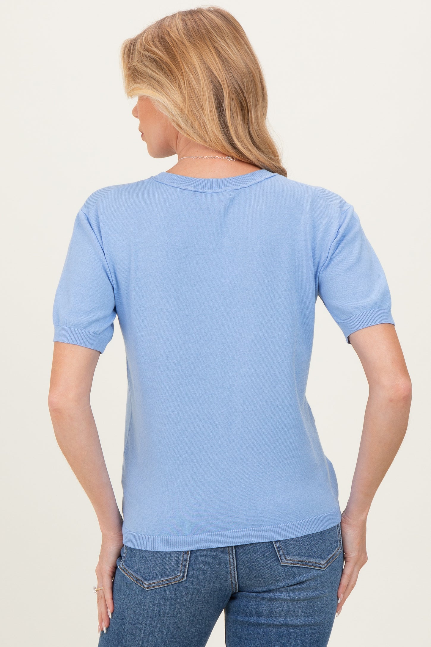 Blue Crew Neck Solid Maternity Sweater