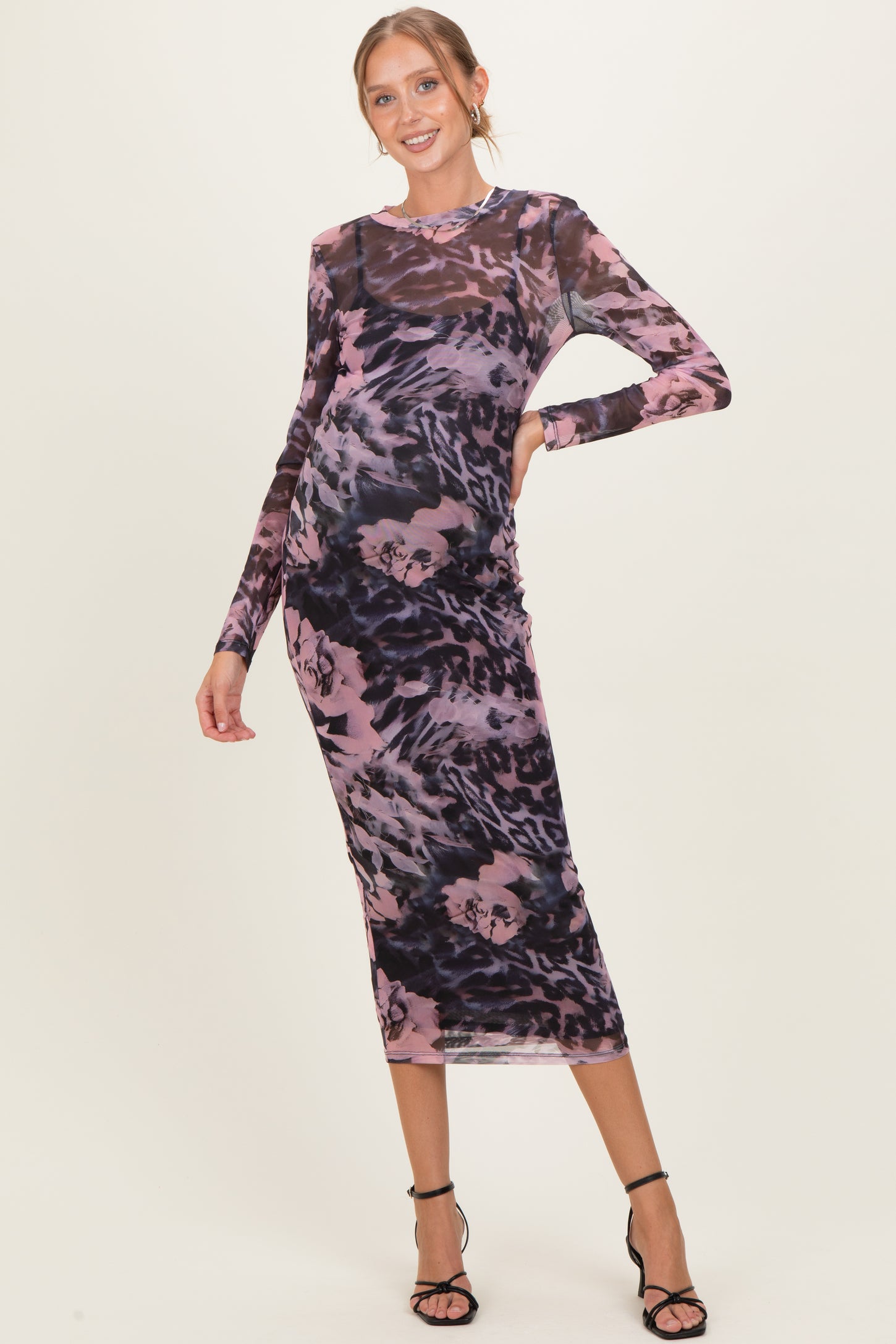 Pink Animal Print Mesh Overlay Maternity Maxi Dress
