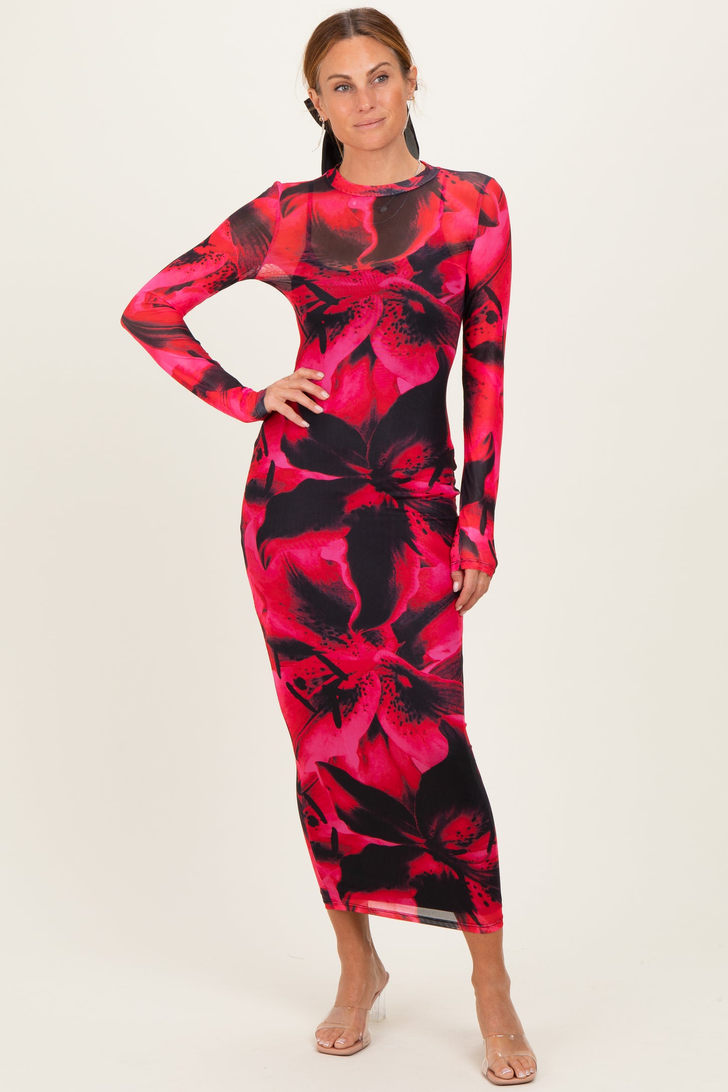 Red Abstract Print Mesh Overlay Maternity Maxi Dress