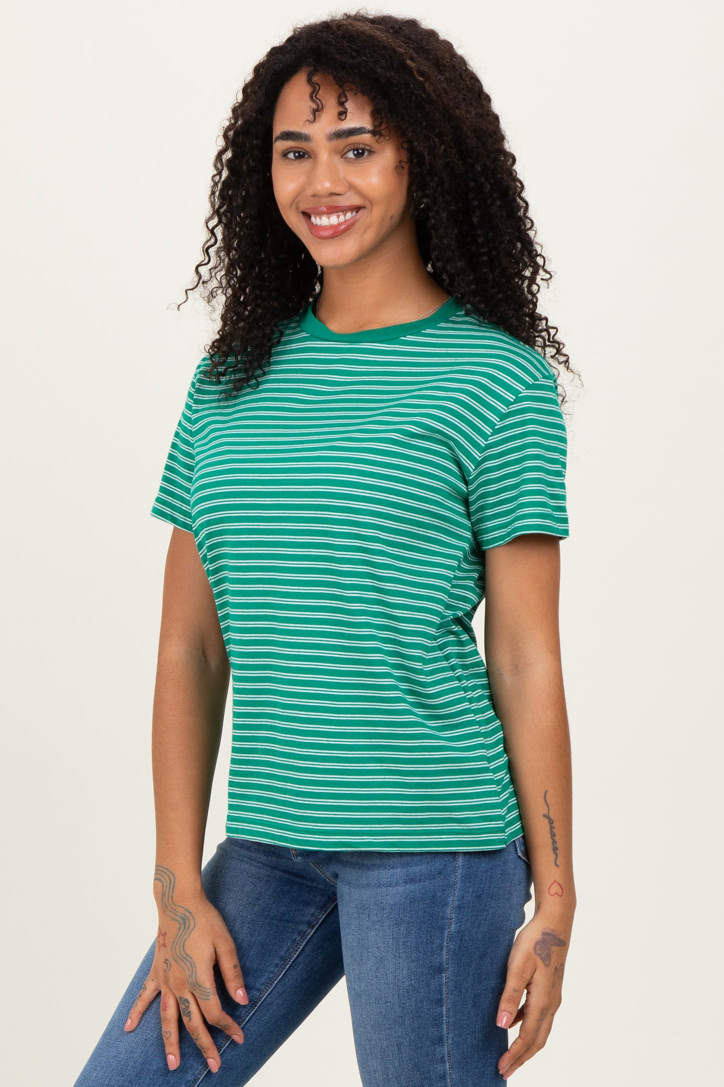Green/White Short Sleeve Round Neck Stripe Tee