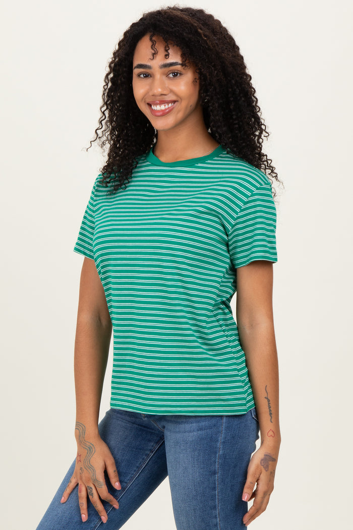 Green/White Short Sleeve Round Neck Stripe Tee