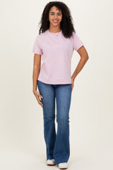 Pink/White Short Sleeve Round Neck Stripe Tee