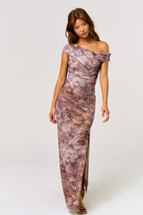 Taupe Asymmetrical Off-Shoulder Maxi Dress