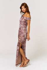 Taupe Asymmetrical Off-Shoulder Maxi Dress