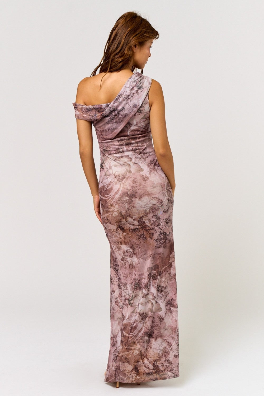 Taupe Asymmetrical Off-Shoulder Maxi Dress