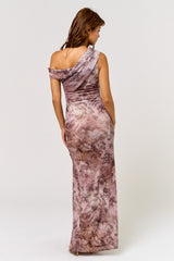 Taupe Asymmetrical Off-Shoulder Maxi Dress