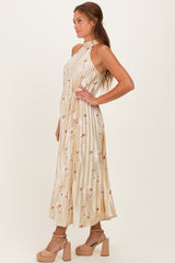 Yellow Floral Pleated Halter Midi Dress