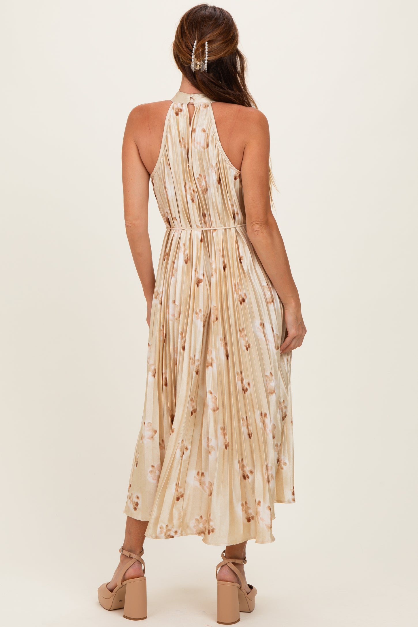 Yellow Floral Pleated Halter Midi Dress