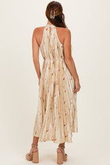 Yellow Floral Pleated Halter Midi Dress
