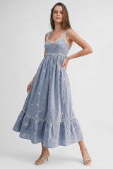 Light Blue Vintage Floral Smocked Midi Dress