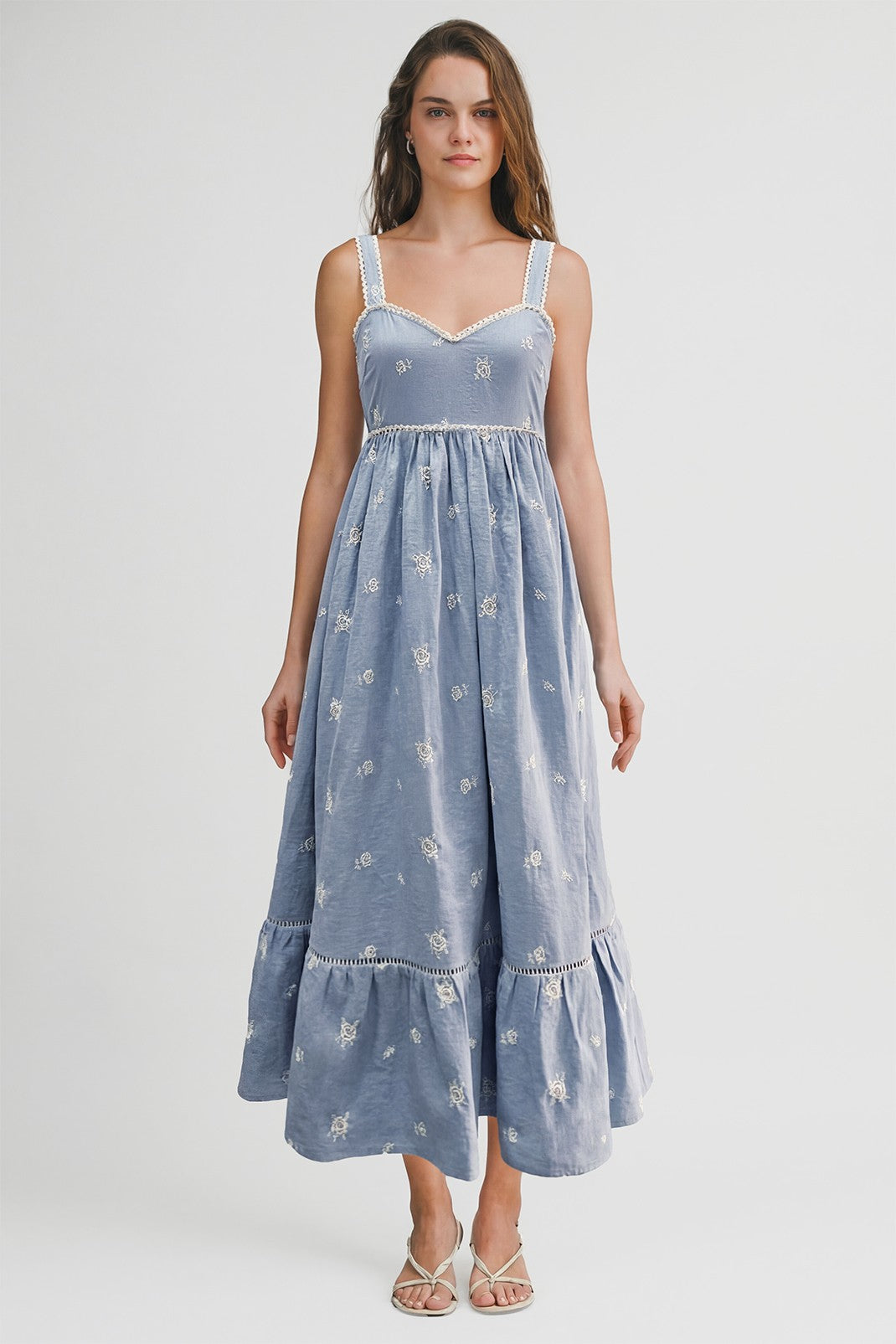 Light Blue Vintage Floral Smocked Midi Dress