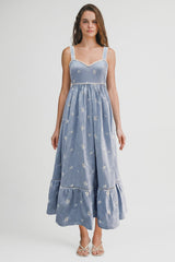 Light Blue Vintage Floral Smocked Midi Dress
