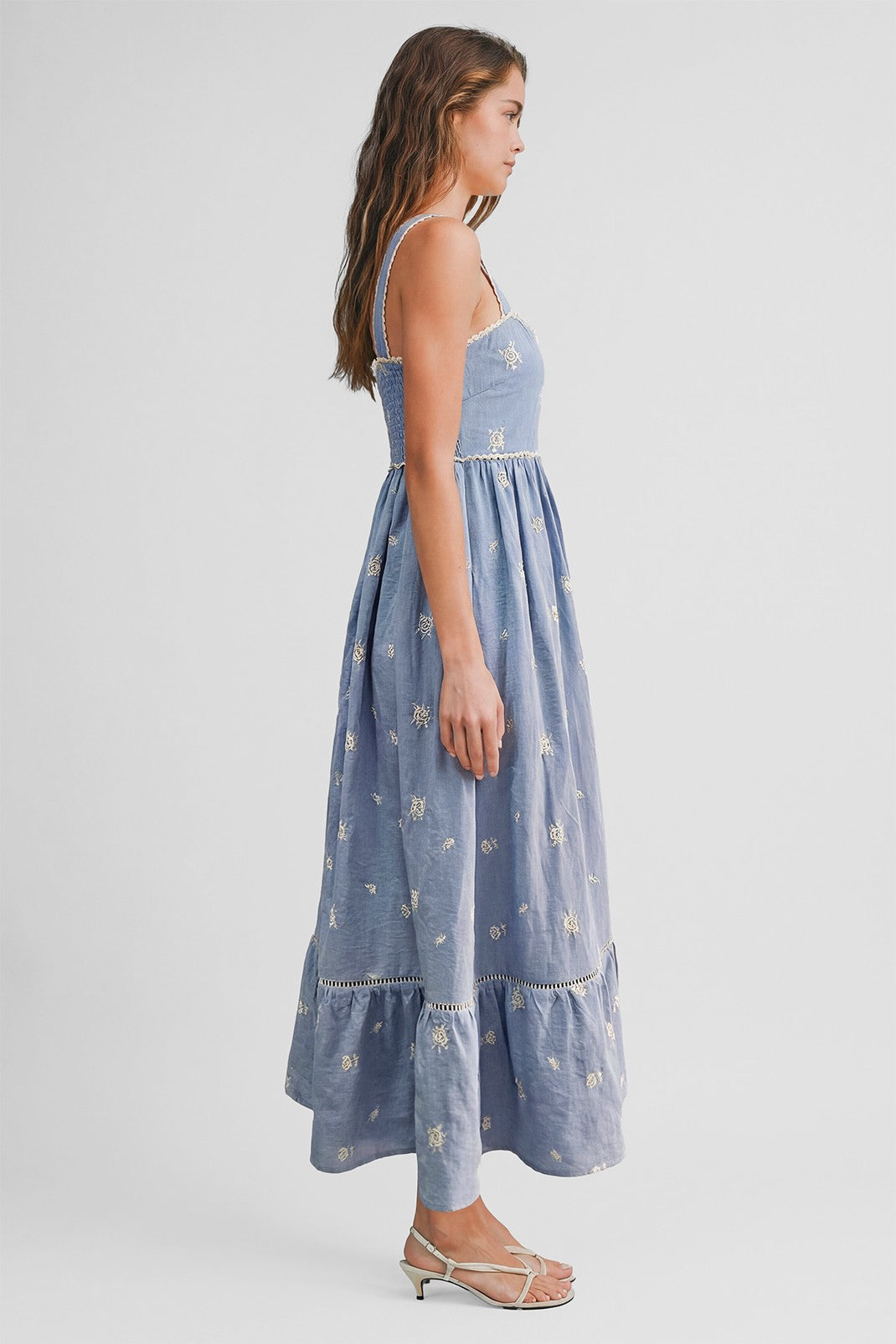 Light Blue Vintage Floral Smocked Midi Dress