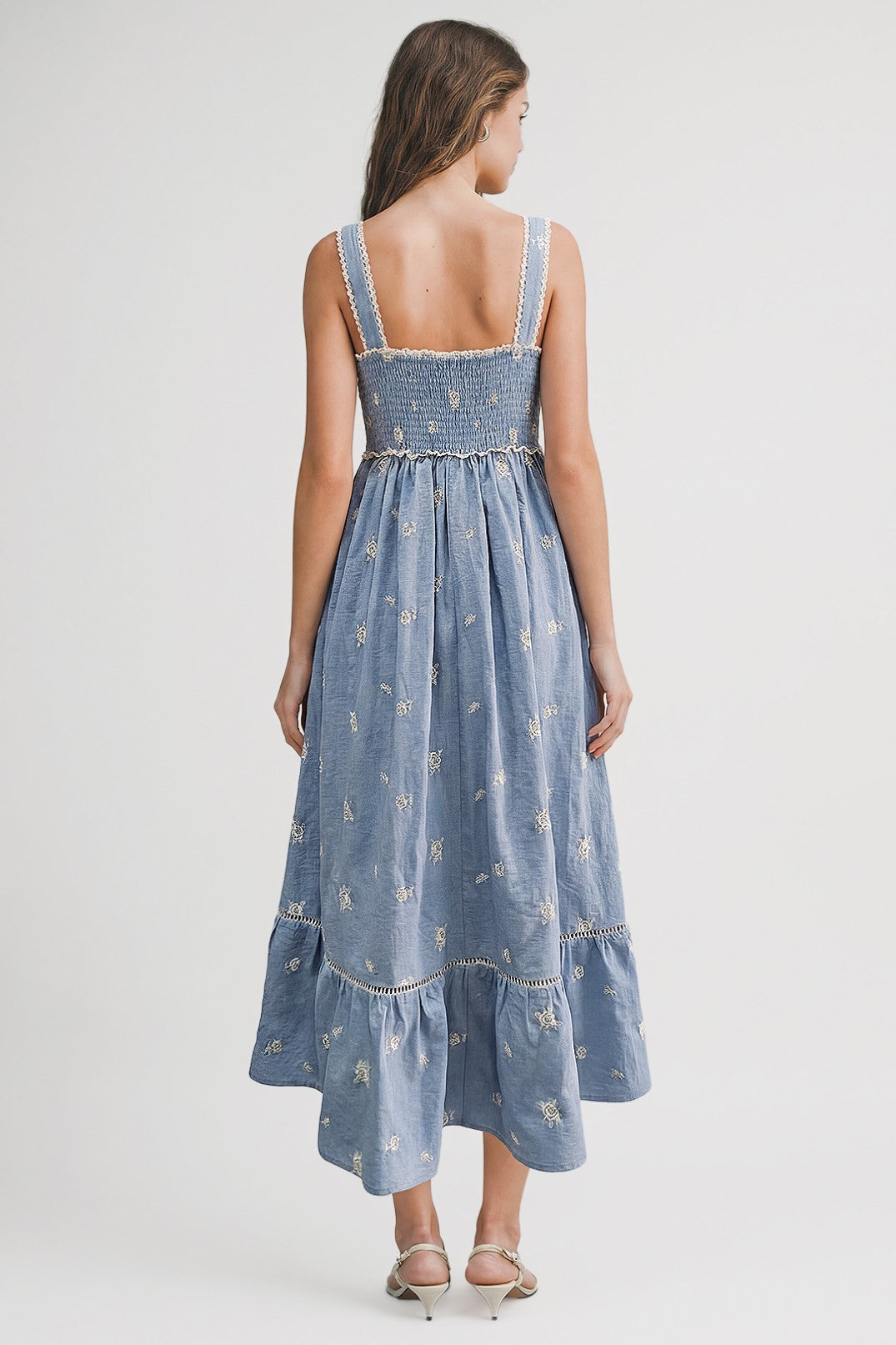 Light Blue Vintage Floral Smocked Midi Dress