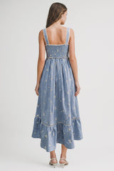 Light Blue Vintage Floral Smocked Midi Dress