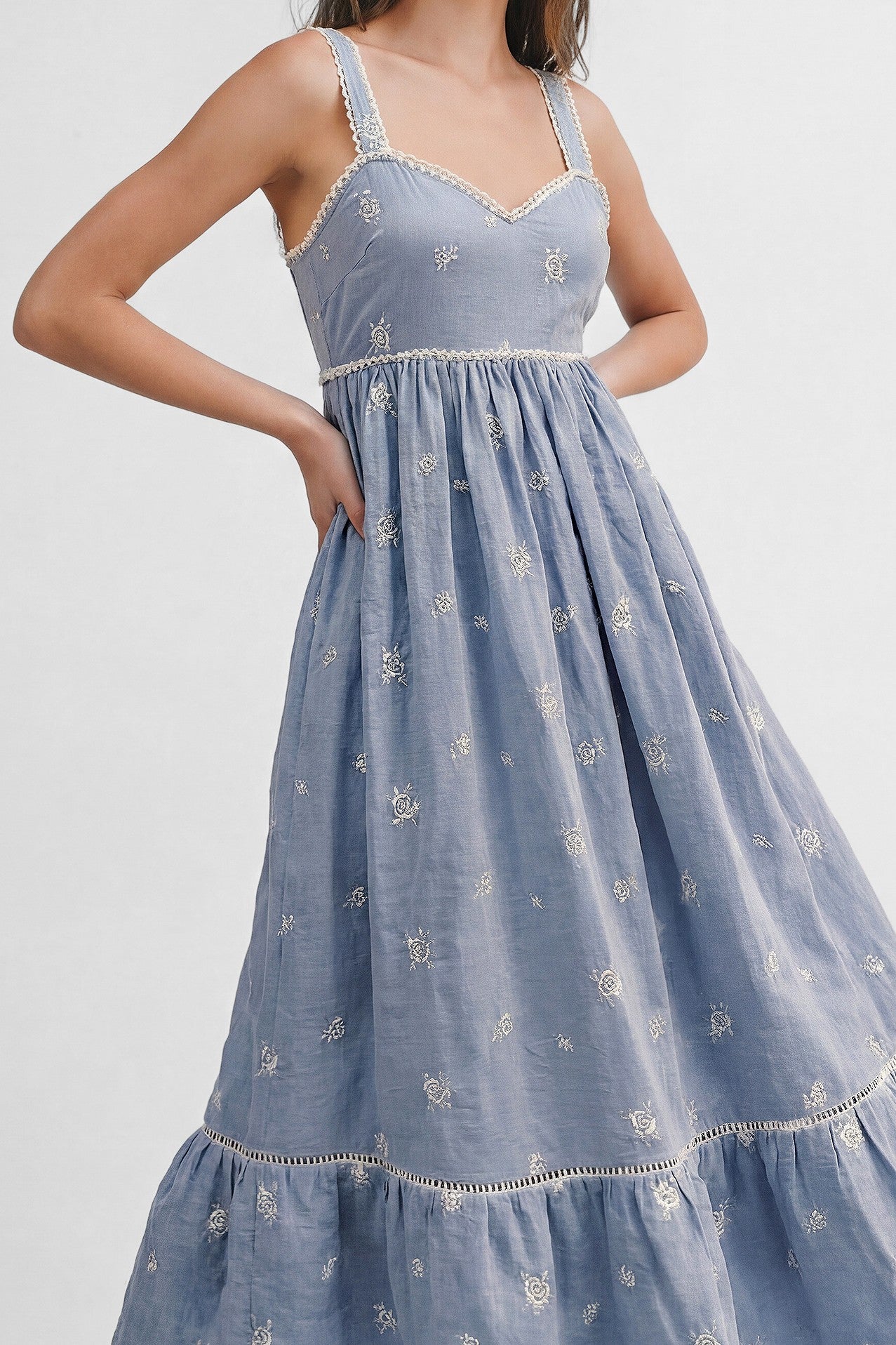 Light Blue Vintage Floral Smocked Midi Dress