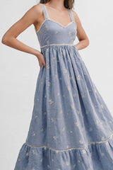 Light Blue Vintage Floral Smocked Midi Dress