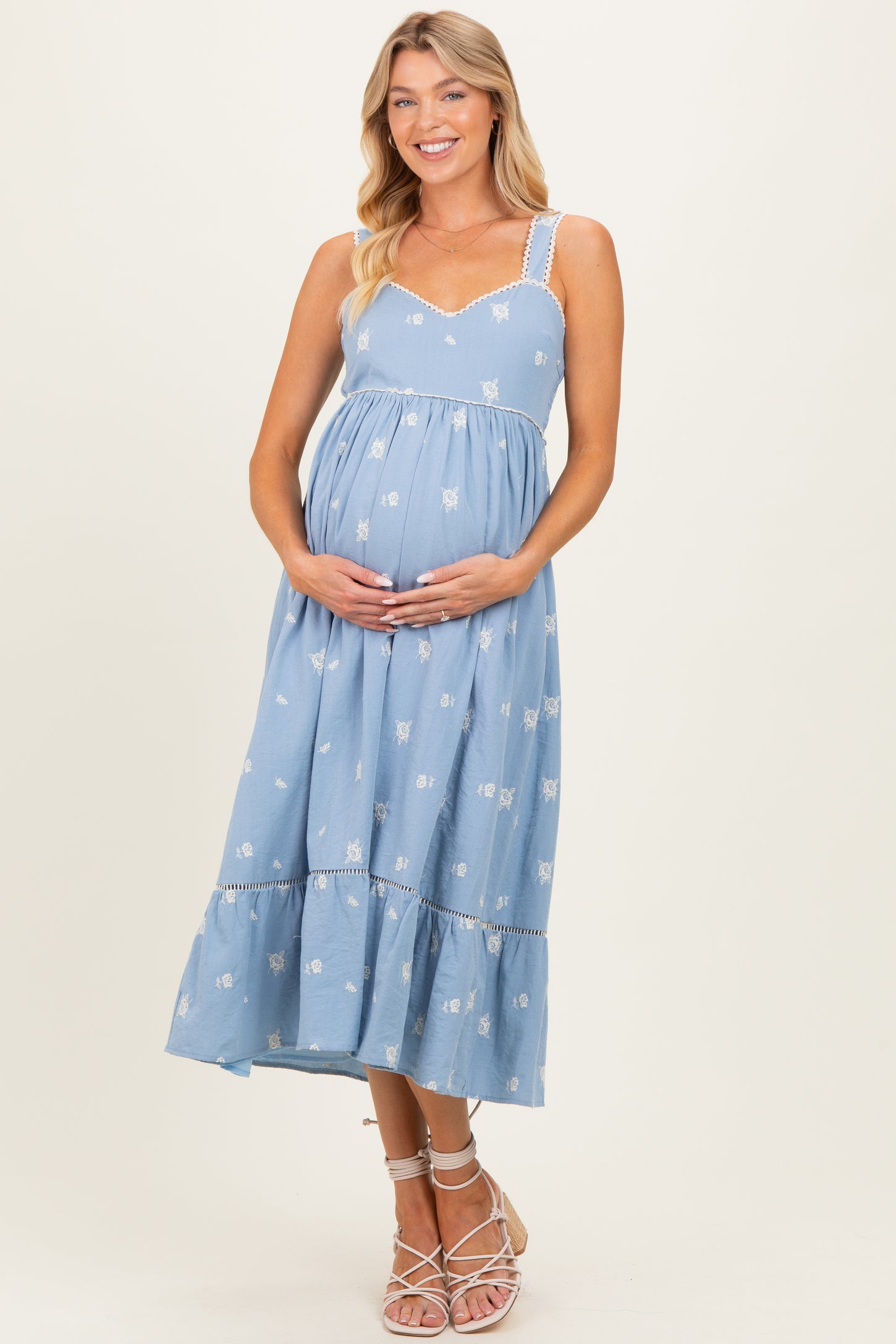 Light Blue Vintage Floral Smocked Maternity Midi Dress