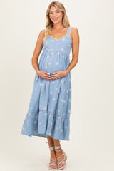 Light Blue Vintage Floral Smocked Maternity Midi Dress