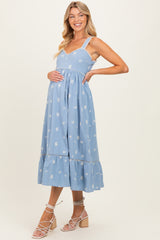 Light Blue Vintage Floral Smocked Maternity Midi Dress