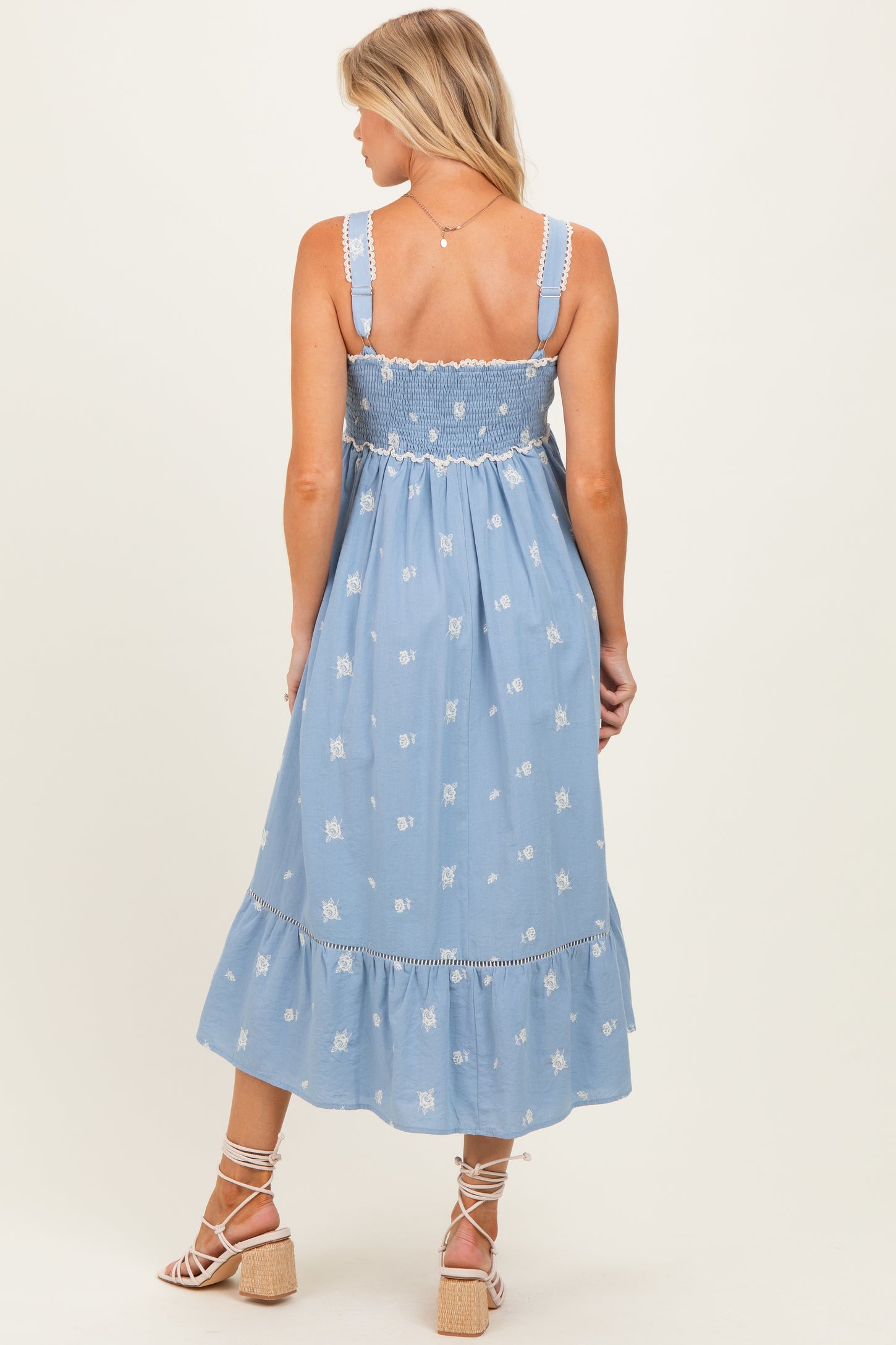 Light Blue Vintage Floral Smocked Maternity Midi Dress