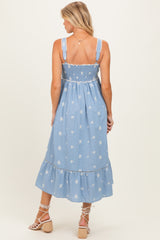 Light Blue Vintage Floral Smocked Maternity Midi Dress