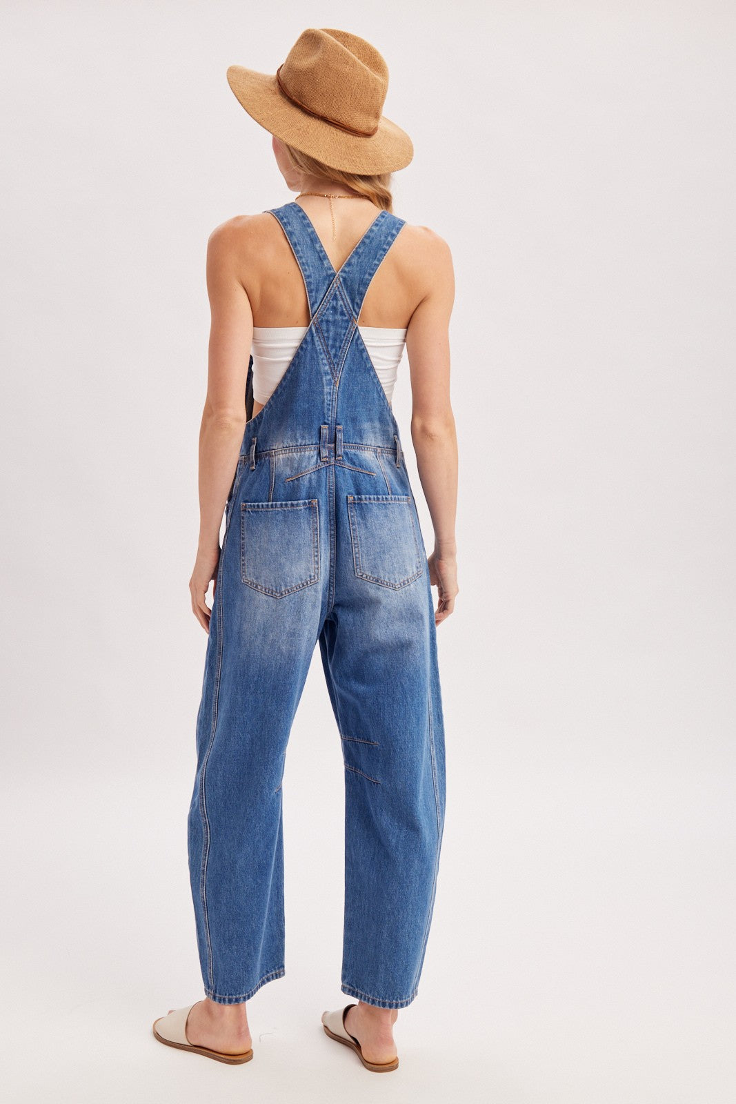 Medium Wash Denim Barrel Overalls