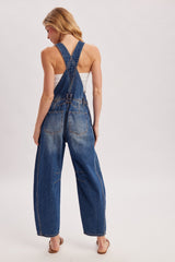 Dark Wash Denim Barrel Overalls