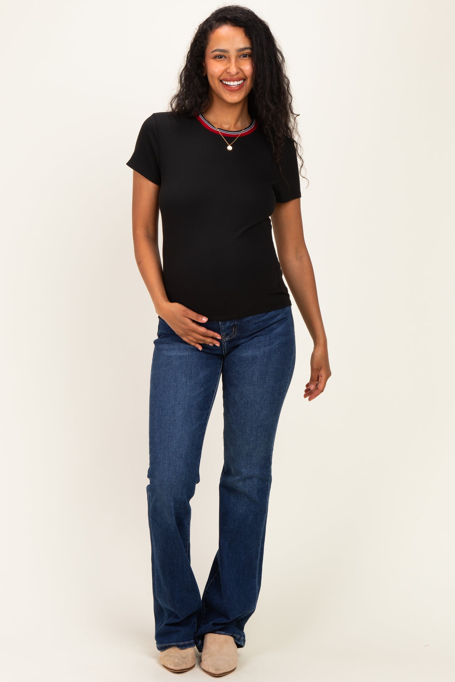 Black Ribbed Crewneck Maternity Tee With Contrast Trim