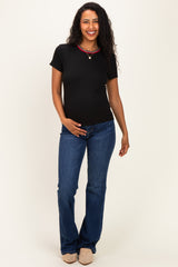 Black Ribbed Crewneck Maternity Tee With Contrast Trim